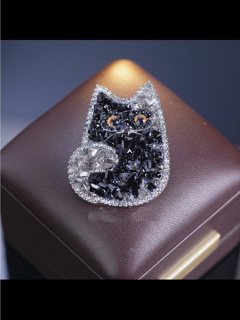Crystal Cat Brooch Pin in Black and Silver